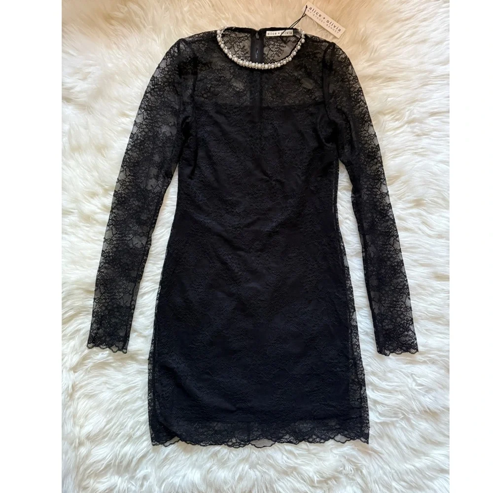 New! ALICE + OLIVIA “Delora” Embellished Neck Black Lace Mini Dress - Picture 7 of 11